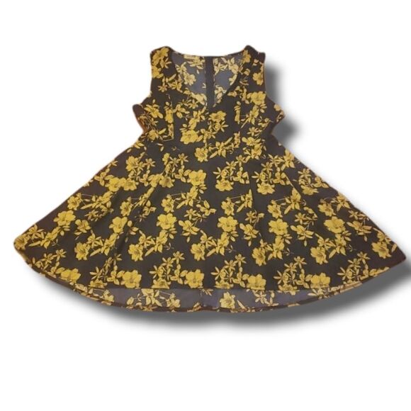 Acevog Dresses & Skirts - 𝅺Acevog Womens Navy and Gold Floral‎ Fit and Flair V-Neck Dress Size Large